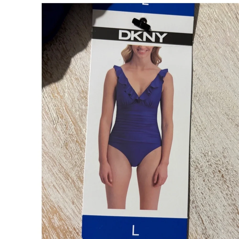 DKNY Large Womens Blue Ruched Ruffle V-Neck One Piece Swimsuit 1943727 NWT - Picture 3 of 7